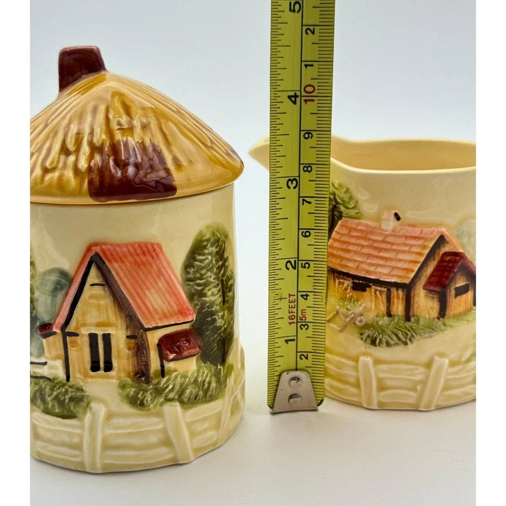 Country Scenery Sugar Creamer Set Marutake Earthenware Japan Vintage Cottagecore